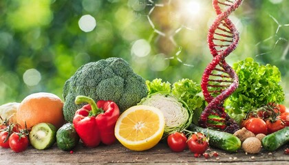 gmo food and genetically modified crops or engineered agriculture concepts fruit and vegetables as a dna strand - obrazy, fototapety, plakaty