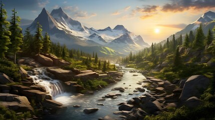 Panoramic view of the mountain river at sunset. Beautiful summer landscape. - obrazy, fototapety, plakaty