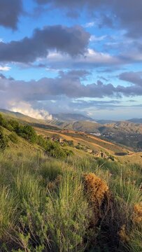 Panoramic view from hiking trail to Maroma peak in thunderstorm day, Sierra Tejeda, Spain 