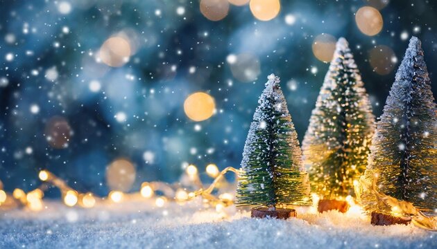 winter landscape with christmas trees snow and fairy lights abstract christmas tree background header wallpaper
