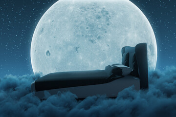 Cosy bed over fluffy clouds at night. Illuminated by big moon. 3D Rendering