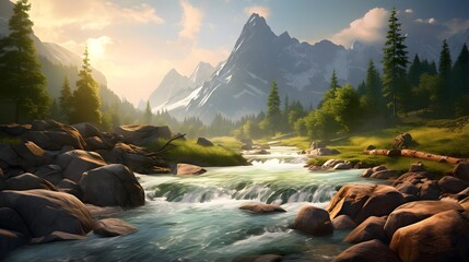 Panoramic view of a mountain river at sunset. Mountain river landscape.