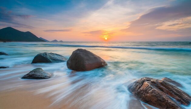 romantic atmosphere in peaceful sunset at bai nhat beach condao island vietnam taking with long exposure in the evening smooth wavy motion by big rocks near shoreline pink horizon with sun rays