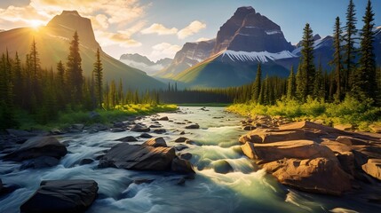 Panoramic view of the Athabasca River, Jasper National Park, Alberta, Canada - obrazy, fototapety, plakaty
