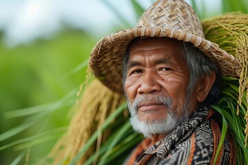 an Indonesian male old farmer working in her rice field