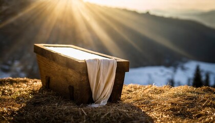 birth and resurrection of jesus christ manger in bethlehem empty grave tomb with shroud religion and faith of christianity bibical story tomb and jesus made with - obrazy, fototapety, plakaty