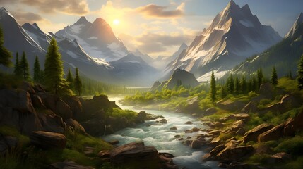Mountain landscape with river and forest at sunset. Panoramic view