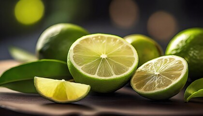 sliced and whole limes in a panoramic