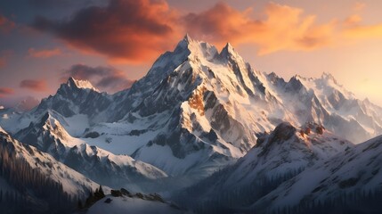 Panoramic view of the snowy peaks of the Caucasus mountains at sunset - obrazy, fototapety, plakaty