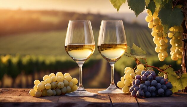 two glasses of white wine and grapes on table in vineyard at sunset