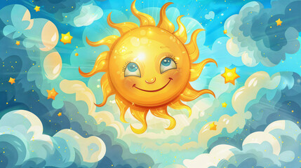 Fototapeta na wymiar Cartoon funny emotional smiling sun in the sky