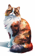 Calico Cat Sitting Elegantly with Watercolor Effect