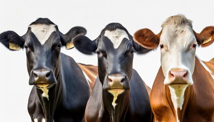 collection of three cow portraits in different colours black brown white isolated on white background as transparent png animal bundle - obrazy, fototapety, plakaty