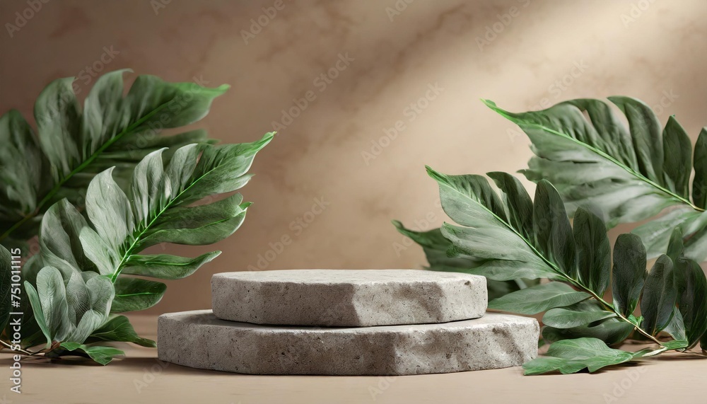 Wall mural stone podium mockup with green leaves on beige background front view