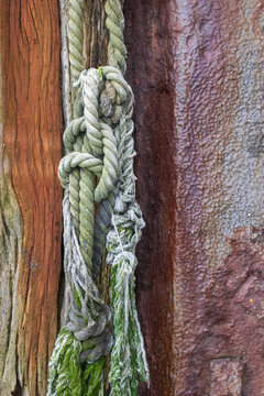 Nautical rope hanging from a wooden post at Old Leigh, Leigh-on-Sea, Essex, England