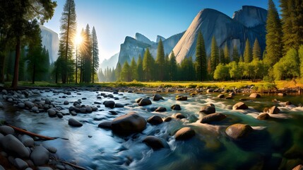 Panoramic view of the mountain river in Yosemite National Park, California, USA