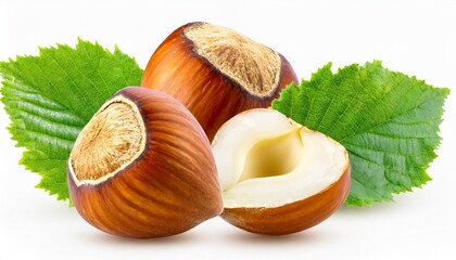 hazelnuts isolated on white or transparent background two filbert nuts whole and cracked half with green leaves
