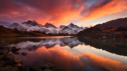 Fototapeta na wymiar Mountain lake panorama with reflection of clouds and mountains at sunset