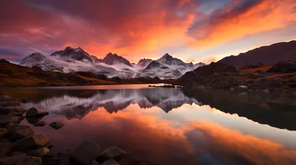 Fototapeten Mountain lake panorama with reflection of clouds and mountains at sunset © Iman