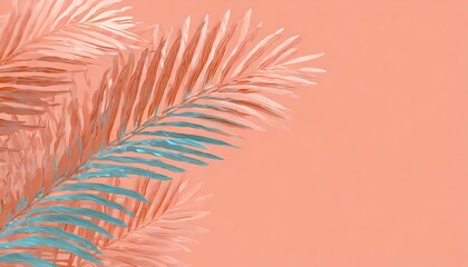coral summer background with copy space 3d illustration of tropical palm branch in pastel colors - obrazy, fototapety, plakaty