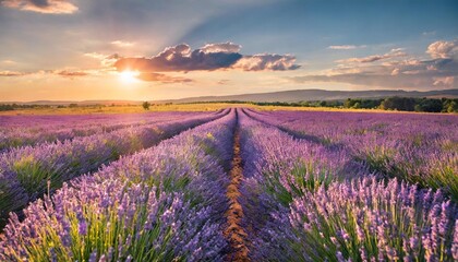 wonderful summer nature landscape amazing peaceful sunset light blooming purple lavender flowers panorama moody pastel colorful sky bright agriculture floral panoramic meadow field in horizon lines