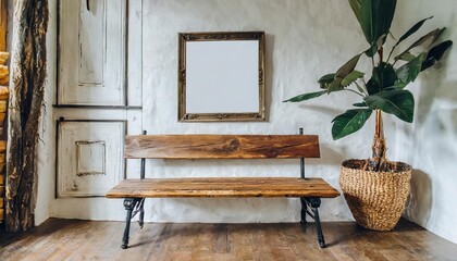 wooden bench against white wall with poster frame ethnic farmhouse interior design of modern entrance hall