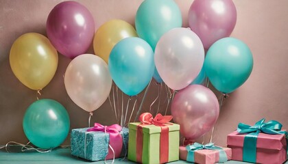color balloons and gift boxes with ribbons on pastel background