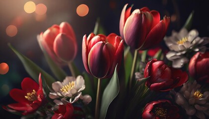 Obraz na płótnie Canvas blossoming red tulips and spring flowers festive background bright springtime bouquet floral card
