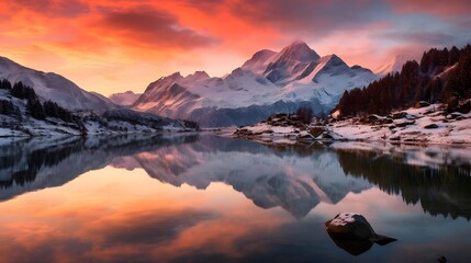 Beautiful panorama of snow covered mountain range reflected in lake at sunrise