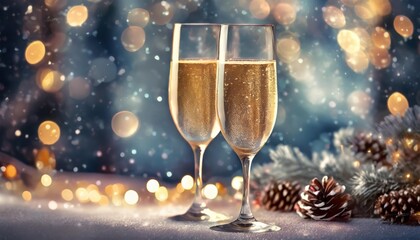 two glasses with sparkling wine champagne on a festive winter holiday background bokeh lights