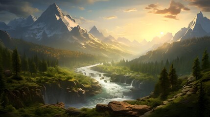 Beautiful panoramic view of a mountain river in the mountains
