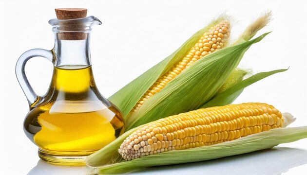 decanter with farm organic vegetable oil and pair juicy corn cob isolated on white background