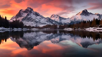 Zelfklevend Fotobehang Panoramic view of snowy mountains reflected in the lake at sunset © Iman