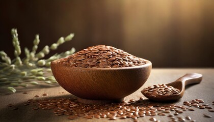 flax seeds in wooden bowl on the table - obrazy, fototapety, plakaty