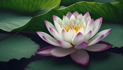 white lotus flower with purple border on the background of green leaves