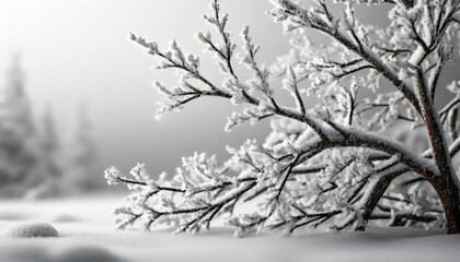 twigs tree covered snow on a white background with space for text