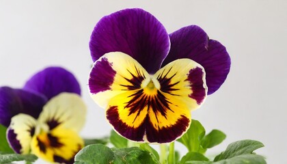 close up of colourful viola tricolor against white background