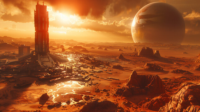 Futuristic colony on an alien desert planet at sunset: sci-fi landscape depicting a human colony on a desert alien world with a giant planet on the horizon