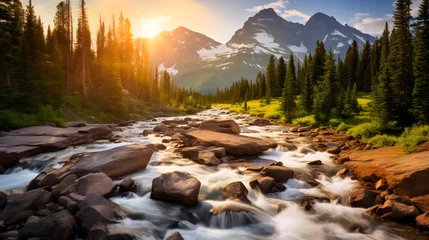  Panoramic view of a mountain river at sunset. Rocky Mountains National Park, Colorado, USA. © Iman