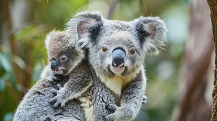Cuddly baby koala clinging to its mothers
