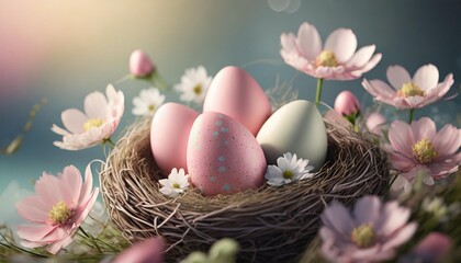 Fototapeta na wymiar beautiful pink easter eggs in nest and spring flowers against delicate pastel background holiday greeting card