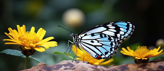 A blue and white butterfly rests delicately on a vibrant yellow flower, showcasing natures beauty and harmony in this macro shot.