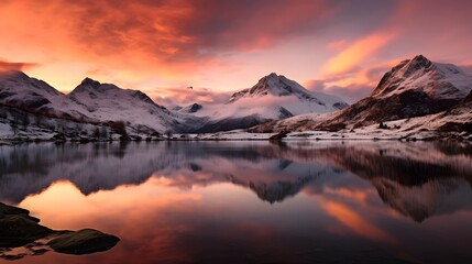 Fototapeta na wymiar Panoramic view of snowy mountains with reflection in water at sunset