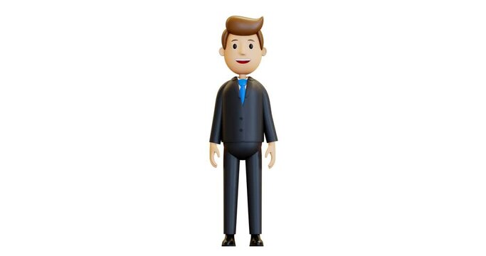 3D animation. Businessman in a suit. The office worker raised a finger. 4k animation, alpha channel, in cartoon style, isolated. A good idea appeared.