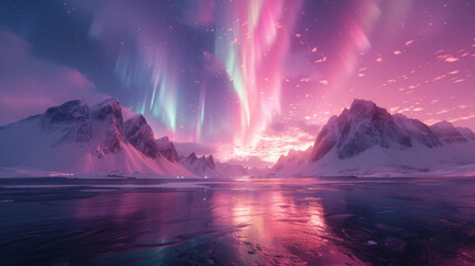 Green and purple aurora borealis over snowy mountains. Northern lights in Lofoten islands, Norway. Starry sky with polar lights. Night winter landscape with aurora, high rocks, beach. Travel. Scenery.