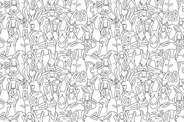Fototapeta na wymiar Seamless pattern with cute bunnies and rabbits. Easter hare. Hand drawn sketch vector illustration. 