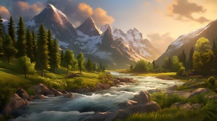 Mountain river in the summer. Panoramic view. Beautiful landscape.