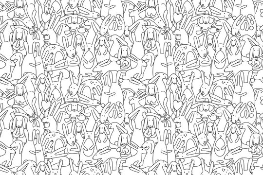 Seamless pattern with cute bunnies and rabbits. Easter hare. Hand drawn sketch vector illustration. 