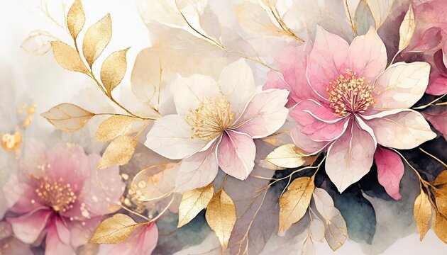 abstract floral art background botanical watercolour hand painted pastel pink and gold flowers on white background generated