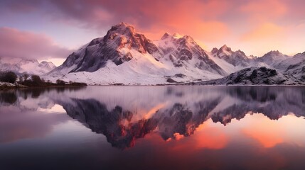 Panoramic view of snow-capped mountain peaks reflected in lake at sunset